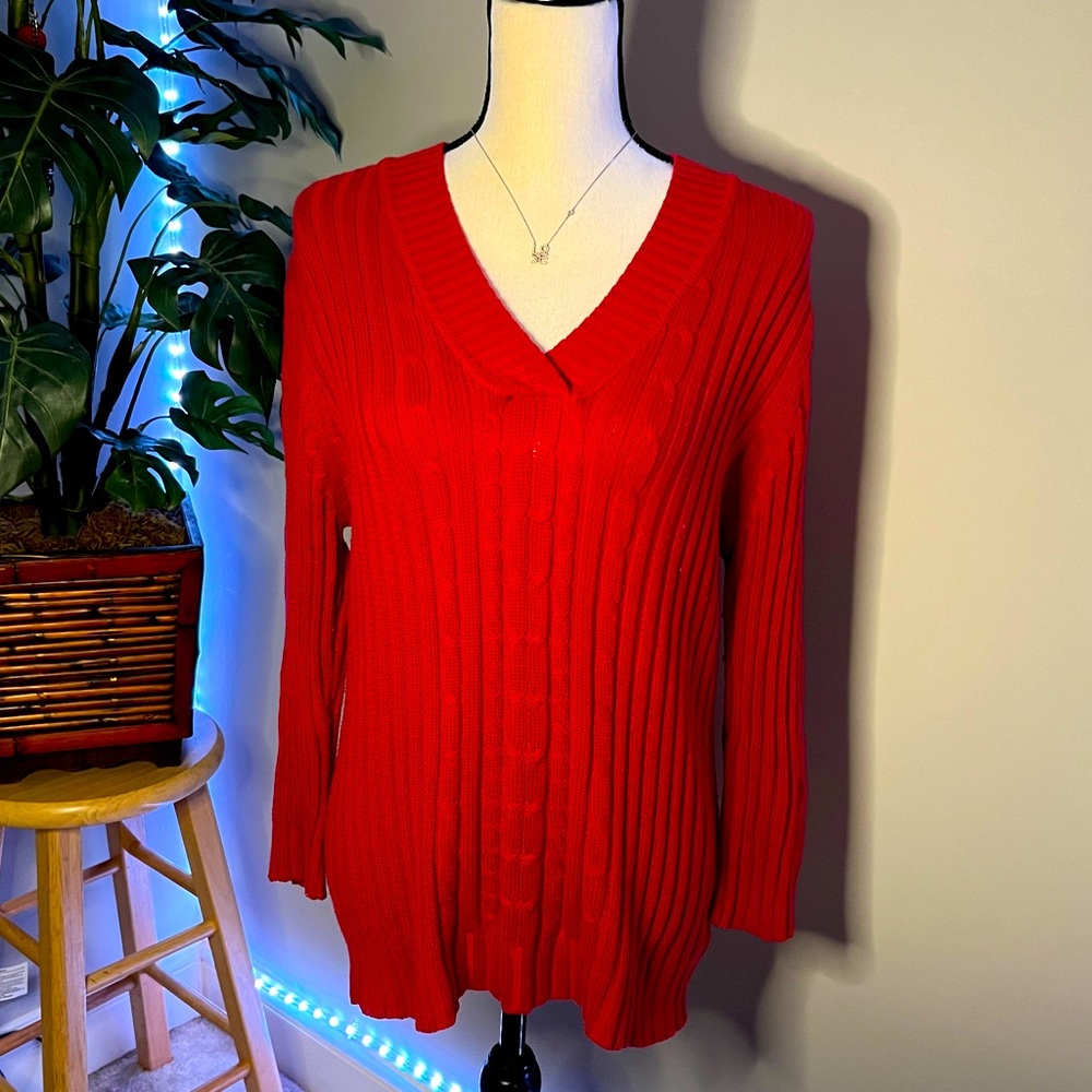 Vintage Women’s Faded Glory Cable Knit Red V-Neck Sweater Size XL